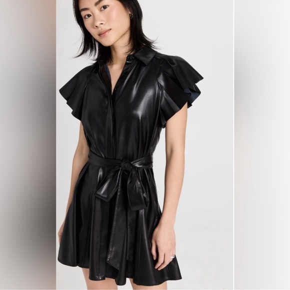 Alice & Olivia Black McKell Vegan Leather Flutter-Sleeve Mini Dress - Picture 3 of 7
